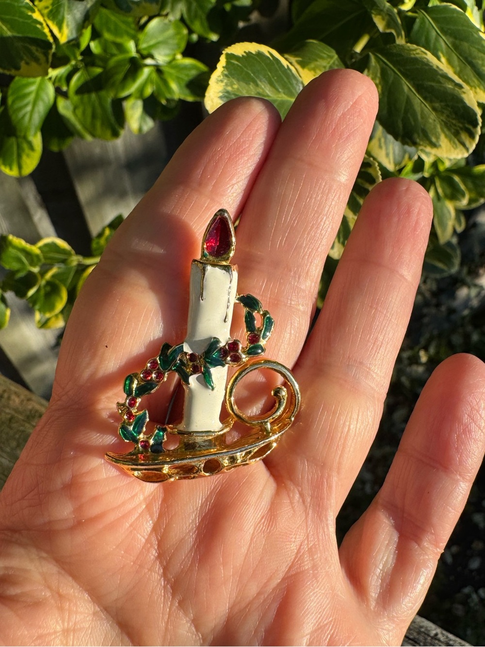 Vintage Gold-Tone Candle Brooch with White Enamel and Red and Green Accents